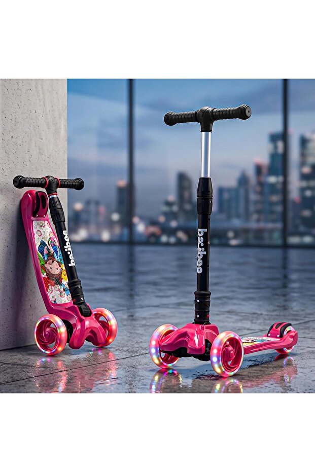 Skate Scooter for Kids, 3 Wheel Smart Kick Scooter with Foldable & Height Adjustment (Dark Pink)