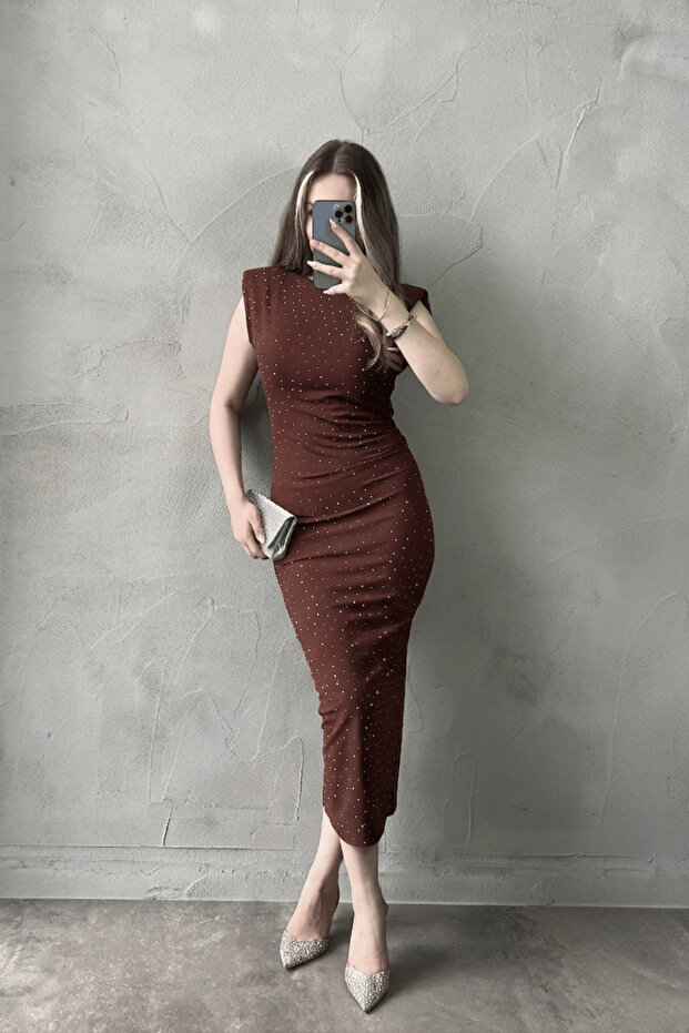 Women's Brown Stone Detailed Shoulder Padded Midi Dress