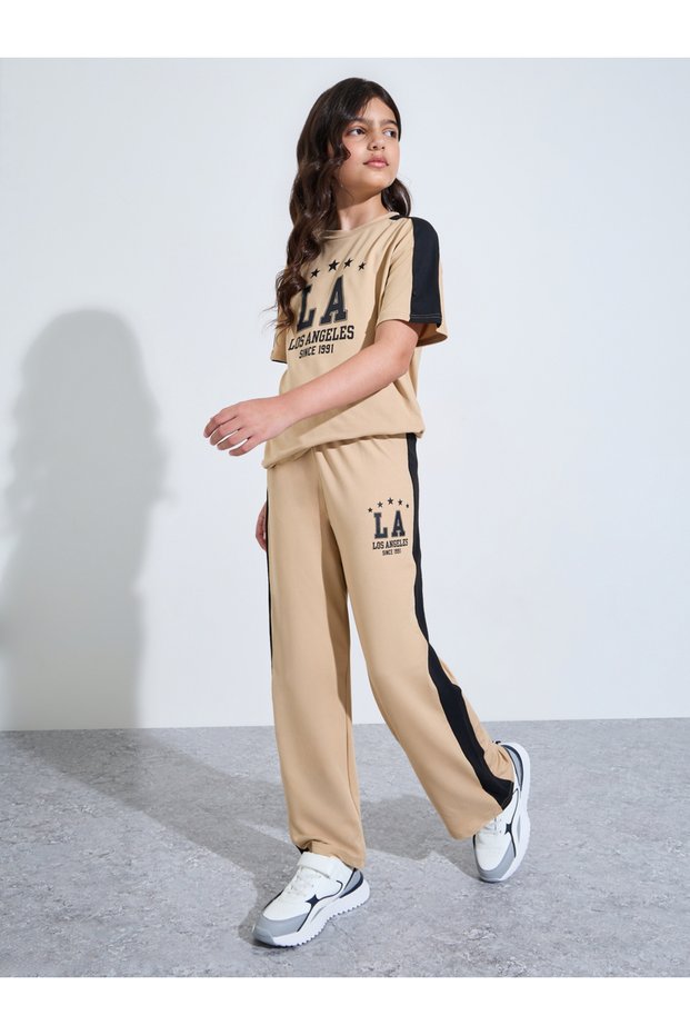Teen Girls Beige Graphic T-Shirt and Wide Leg Joggers Set