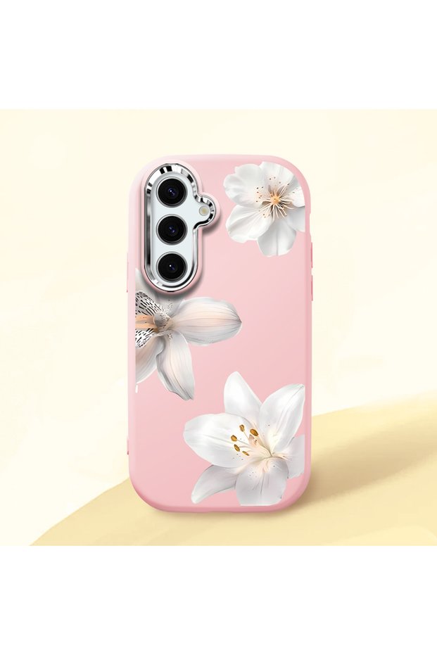 Samsung Galaxy S25 Compatible Case Camera Protector Pink Silicone Couple Phone Case with Floral Pattern