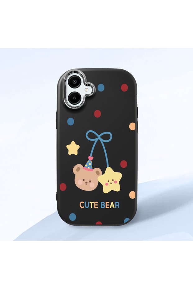 Samsung Galaxy A06 Compatible Case Camera Protective Black Silicone Couple Phone Case with Bear Pattern