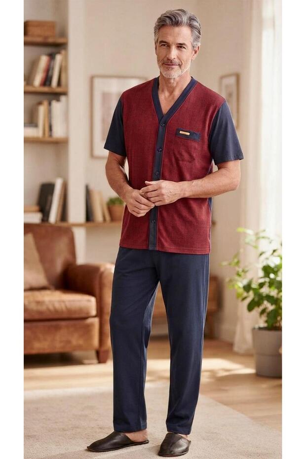 Kly 9027 Claret Red 100% Cotton Buttoned V-Neck Half Sleeve Pajama Set