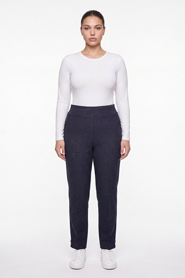 Women's Light Navy Blue Winter High-Waisted Trousers with Stone Detail on the Cuffs and Waist