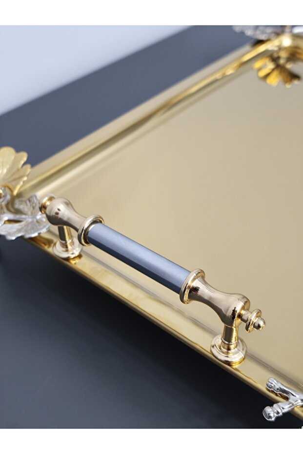 Figured, Metal Handle, Stainless Steel Rectangular Tray Luxury Presentation Tray North Gold-Silver