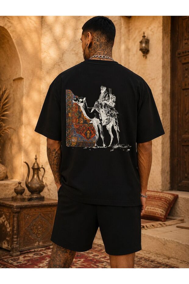 Black Oversize Shorts Set with Camel Figure Premium Cotton Printed T-Shirt & Shorts Combination – Streetwear Casual Sports Set