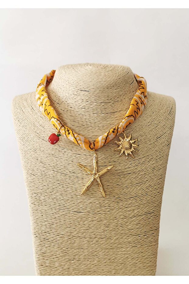 Yellow Patterned Starfish Figured Fabric Necklace