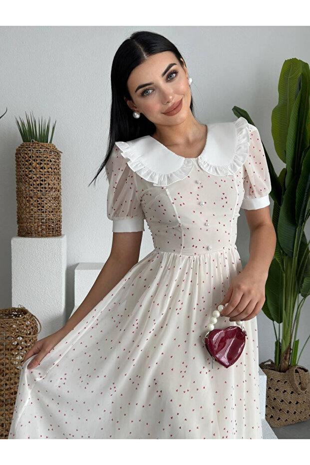 Women's Beige Midi Dress with Heart Pattern, Doll Collar, Pearl Buttons, Balloon Sleeves