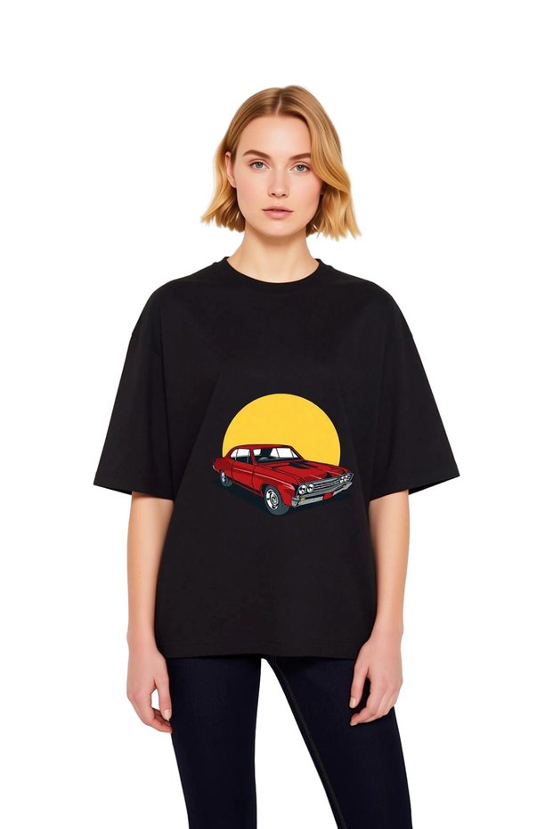 Women's Oversize T-Shirt Vintage Automobile Print Retro Classic Car Graphic Pattern Relaxed Fit Casual