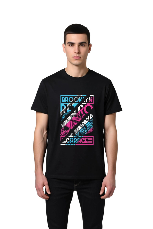 Men's Retro Automobile Printed T-Shirt Brooklyn Garage Themed Casual Relaxed Fit Cotton Modern Stylish