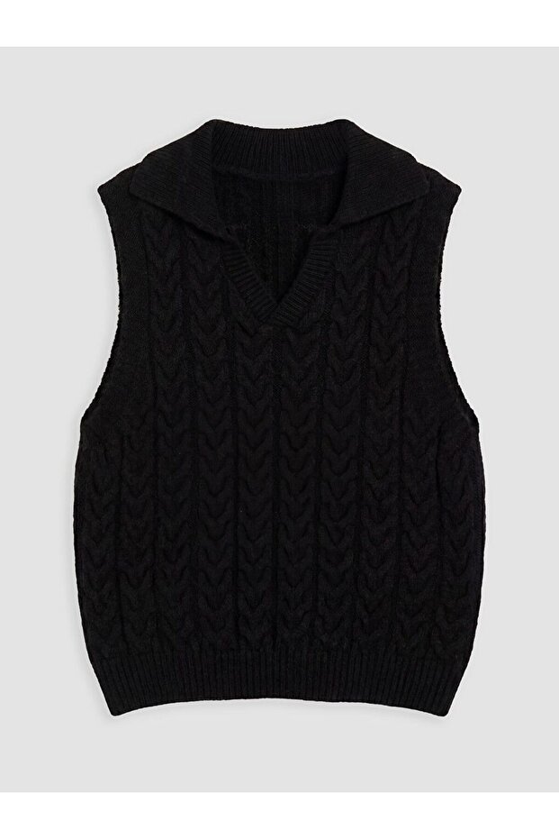 Black Polo Collar Patterned Girls' Knit Sweater