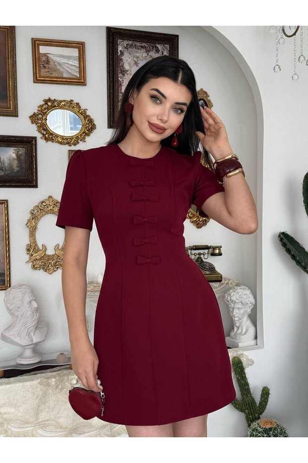 Women's Burgundy Mini Dress with Bow Detail, Short Sleeves, Crew Neck, Atlas Texture