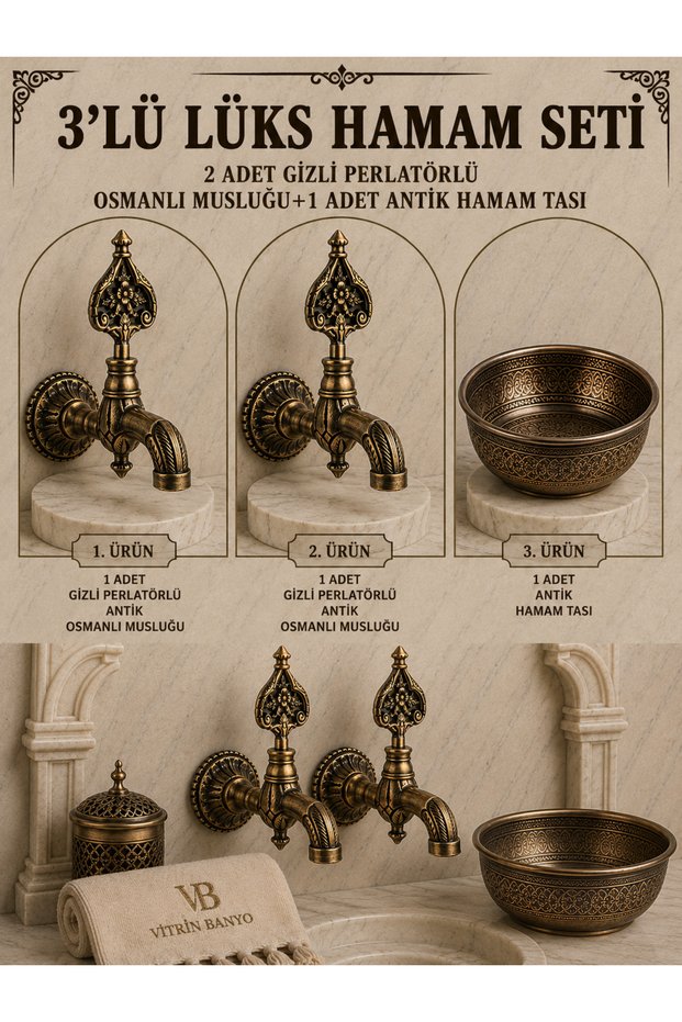 3-Piece Luxury Hammam Set 2 Pieces Antique Patterned Ottoman Faucet with Hidden Aerator + Antique Hammam Basin Brass Kurna Faucet Set