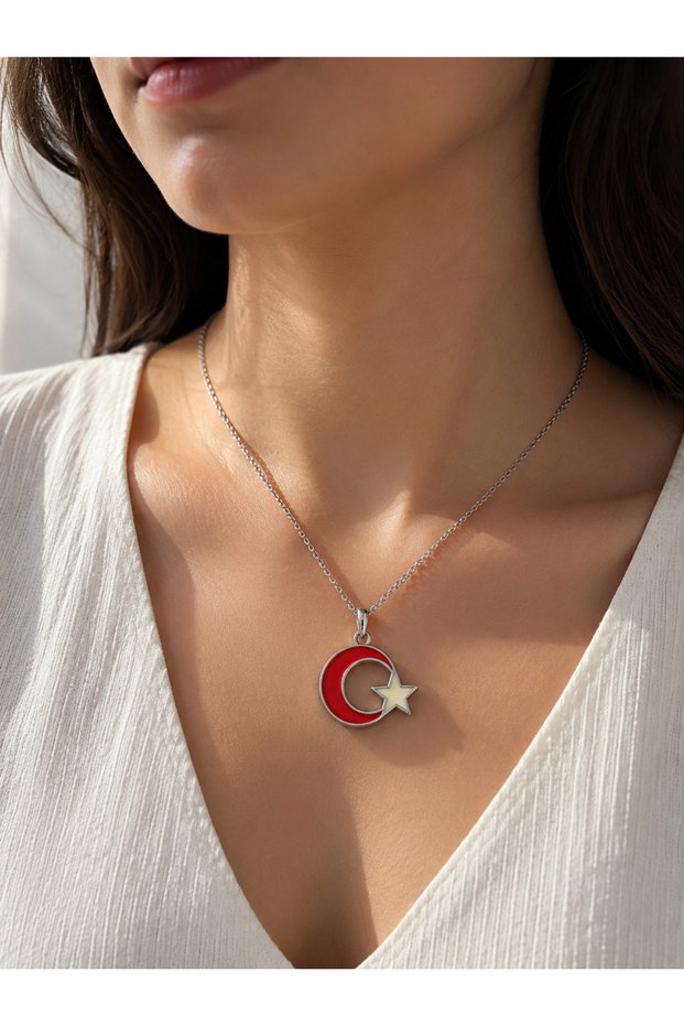 Red and White Necklace with Moon Star Turkish Flag Design Gift