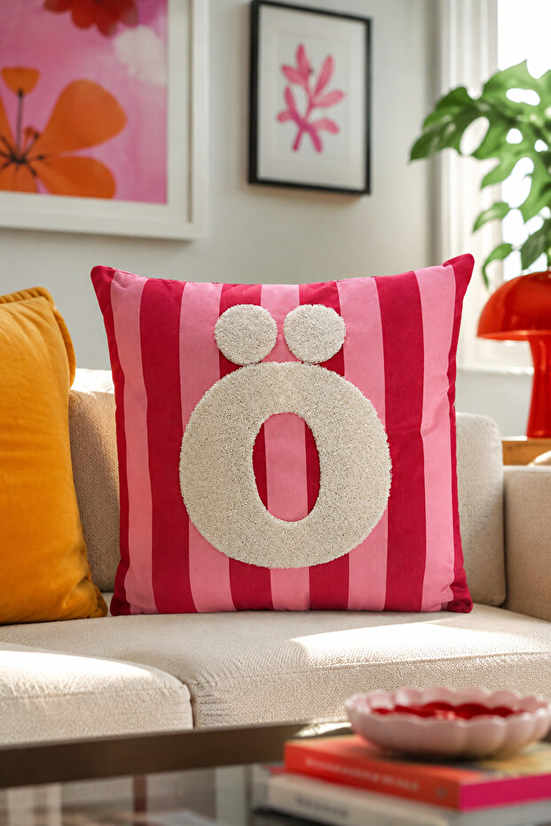 Punch Embroidered Throw Pillow Cover - 43*43 cm - Pink Letter O - Pnk001