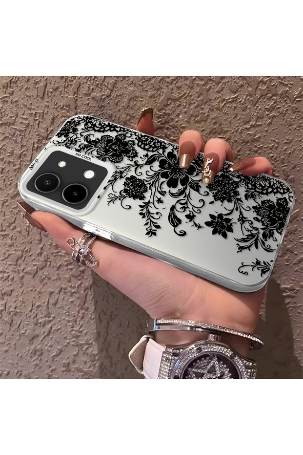 Vivo Y28 4g Compatible Elegant Black Lace Floral Pattern Case, High Quality Matte Phone Case