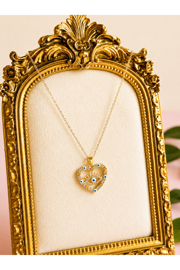 Heart-Shaped Evil Eye Beaded Zircon Stone Steel Non-Tarnish Necklace
