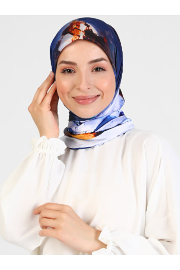 وشاح منقوش برسومات الورد - أزرق داكن