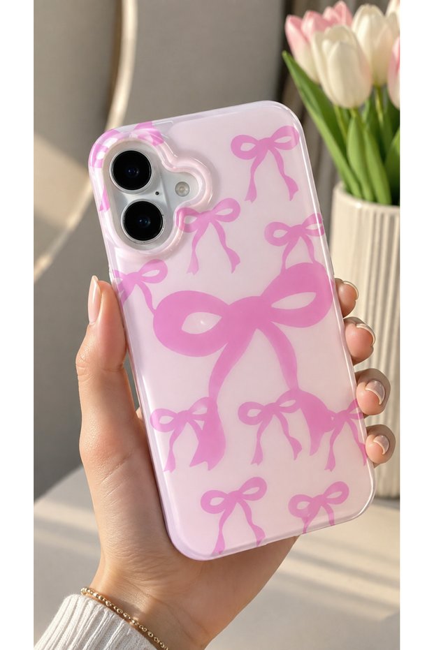 iPhone 17 Compatible - Shiny Pink Bow Pattern (Internally Printed) Soft Protective Phone Case with Soft Sides