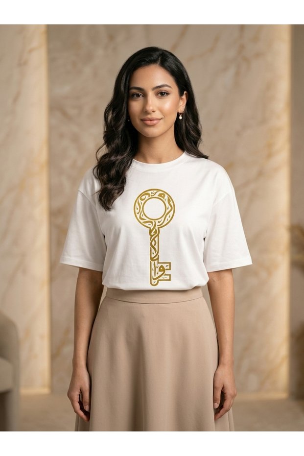 Unisex Oversize T-Shirt Gold Key Pattern Printed Cotton Crew Neck Loose Fit T-Shirt