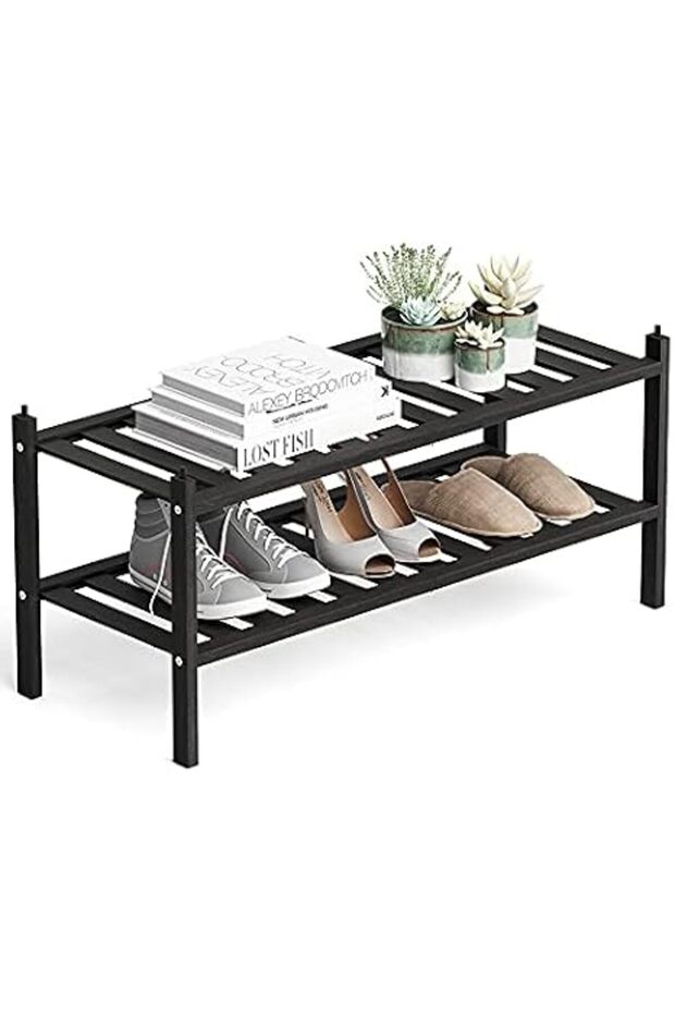 Dranixly 2-Tier Shoe Rack, Bamboo Stackable Shoe shelf Storage Organizer, Shoe Stand for Closet, Ent