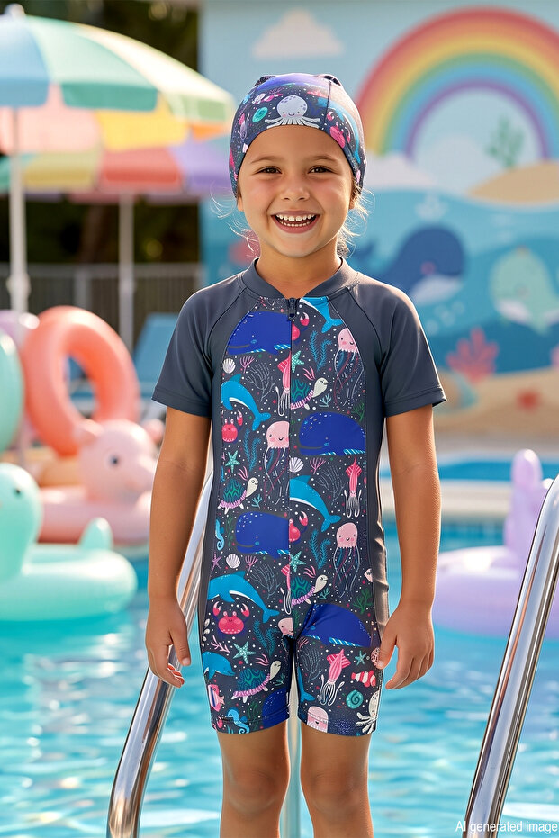 Patterned Short Sleeve Children's Swimsuit Swimsuit 4432 Anthracite