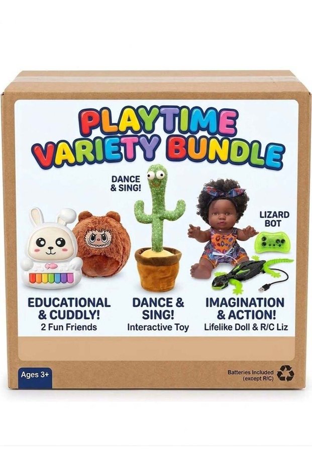 Ultimate Kids Play Pack of 5 Toys (Cute Face African Girl Doll, Remote Control Multi-functional Wall Climbing Lizard, Musical Bunny with Sound, Plush inflatable soft ball Super Soft Toy, Cactus Toy In