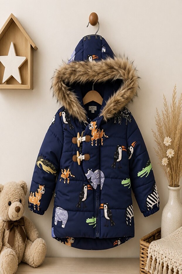 Winter Children's Coat with Cute Animal Figures, Fur Lining, and Hood.