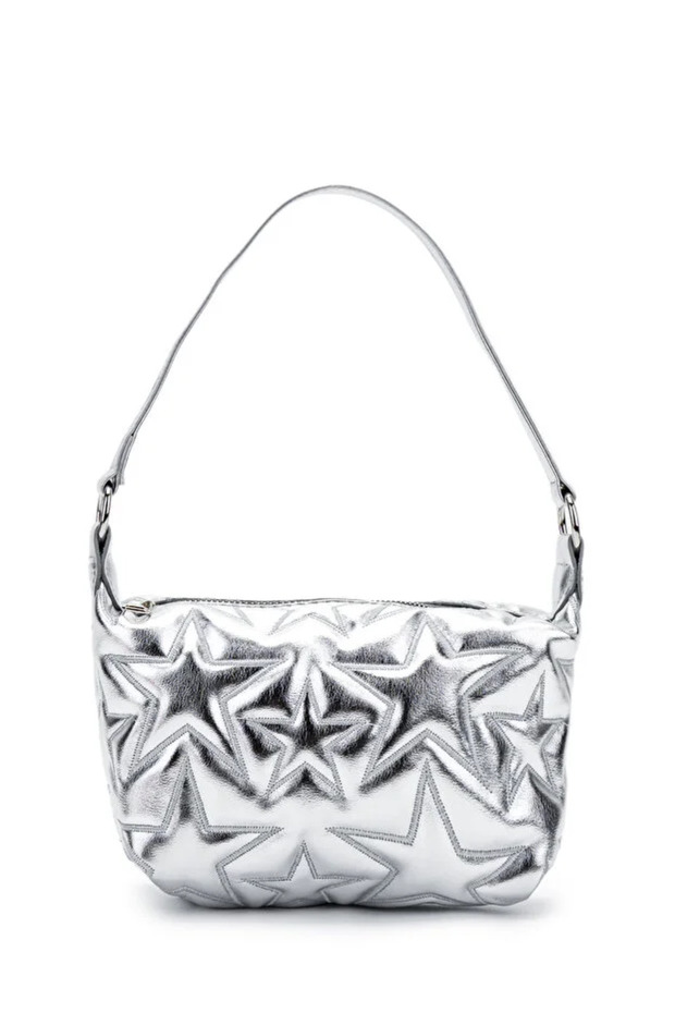 Women's Silver Star Embroidered Puff Shoulder Bag with Adjustable Strap Crossbody Bag