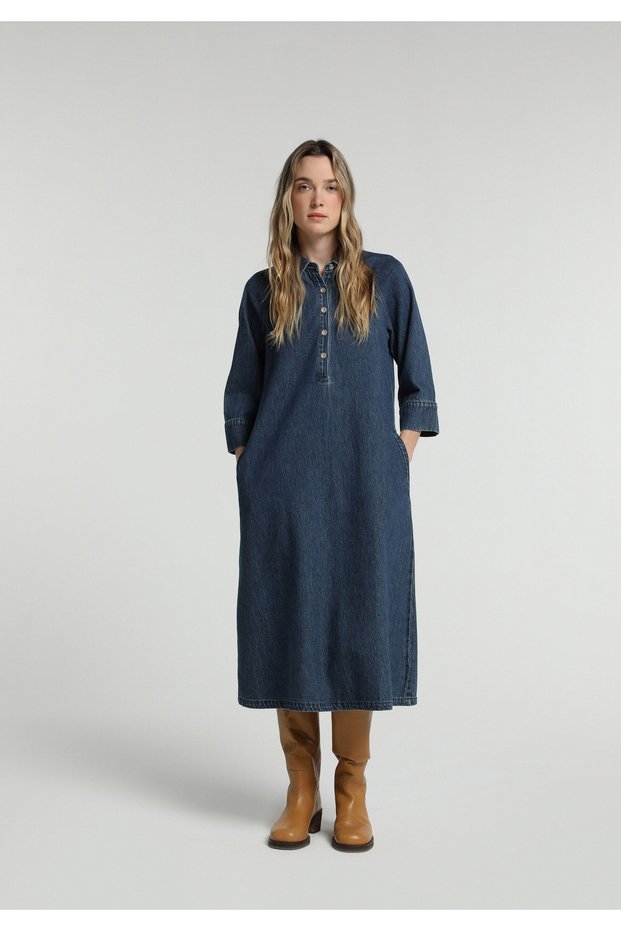 Oversize Fit Straight Women's Dark Indigo Denim ¾ Sleeve Dress