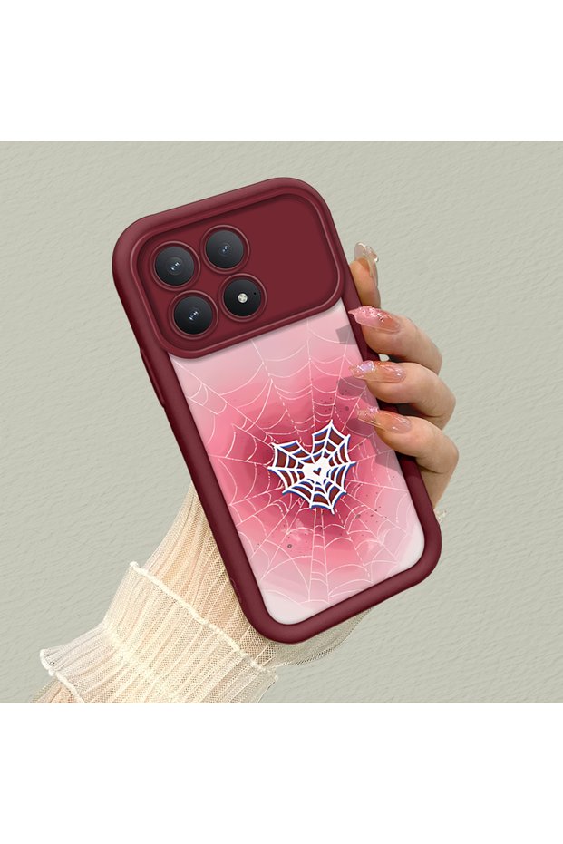 Poco F8 Pro 5g Compatible Pink Gradient Heart Spider Web Pattern Silicone Case