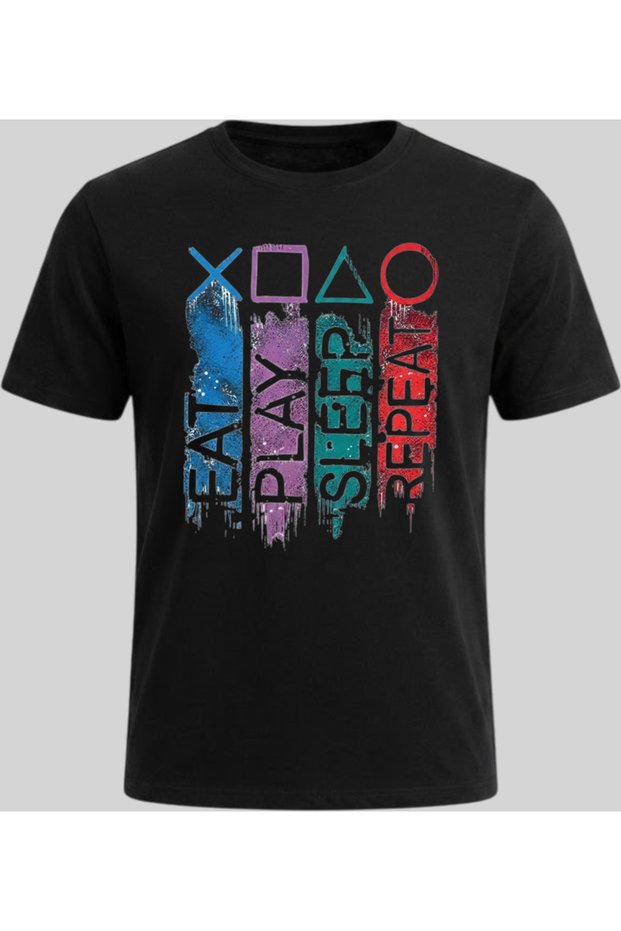 Black 100% Cotton Gamer / Player Printed Unisex T-Shirt - Eat Play Sleep Repeat
