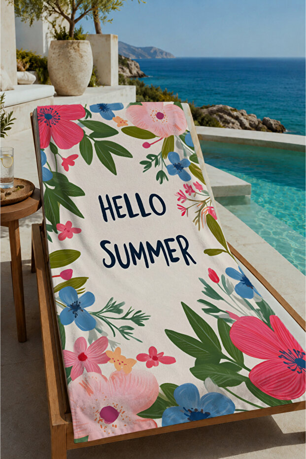 Pink Botanical Hello Written Floral Patterned 70X150 Beach Towel - Digital Printed Bath Towel