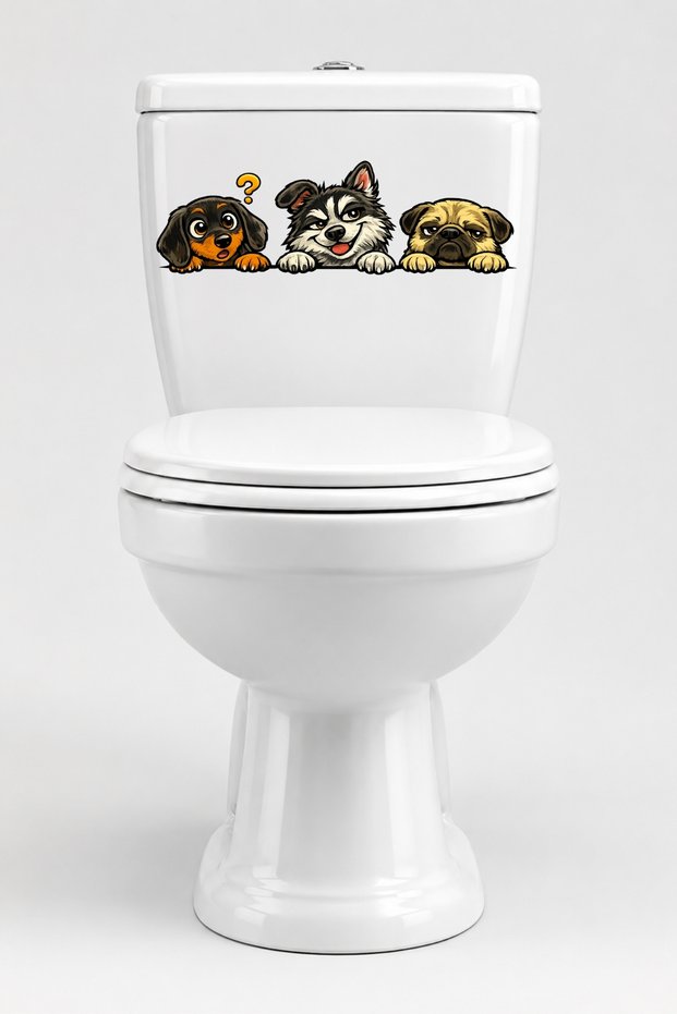 Toilet Sticker Three Cute Dogs Confused, Teasing, and Grumpy Fun Bathroom Sticker Set