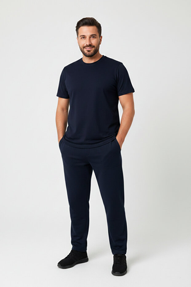 Men's Navy Blue Short Sleeve Oversize Combed Cotton Tracksuit Set