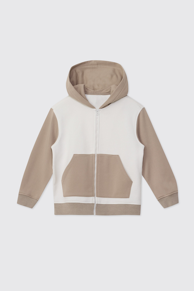 Boy's Hooded Zippered Beige Sweatshirt