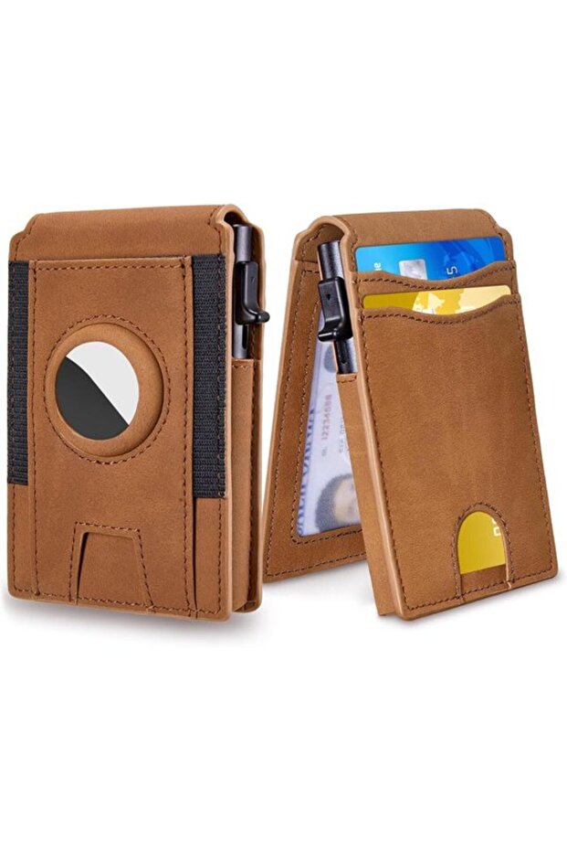 Men's ultra-slim RFID wallet brown pop-up card holder minimalist.