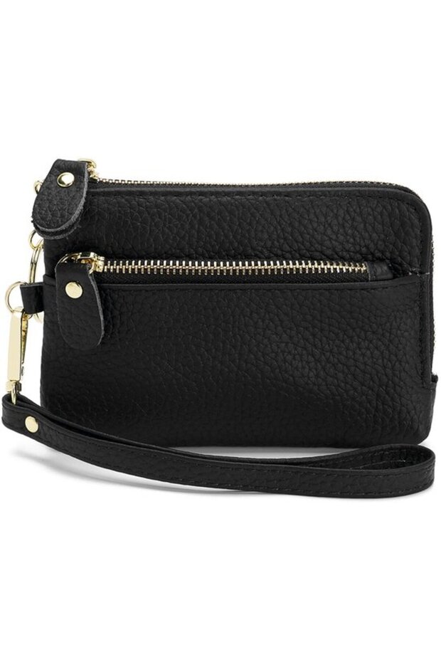Women's genuine leather wallet wrist strap wide opening coin.