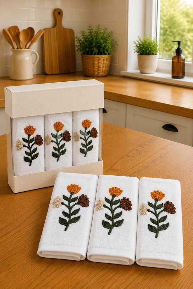 Spring 3-Piece Embroidered Gift Dowry Set 100% Cotton Kitchen Towel Set Boxed 30X50 cm