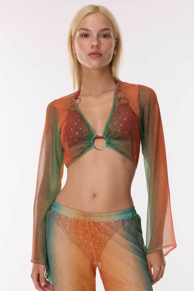 6901 Green Orange Patterned Crop