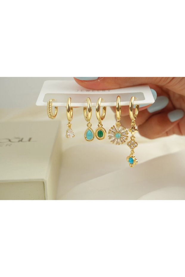 Çkp6027 Blue Stone Drop, Flower and Sun Figure Hanging Earrings Set of 6