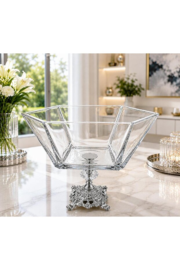 1 Piece Silver Foot Detailed Glass Serving Plate Luxury Footed Serving Plate