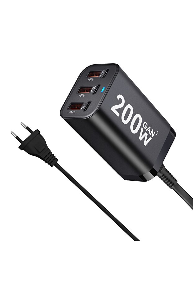 شاحن كوري سريع بمنفذ USB-C بقوة 200 واط، 6 منافذ، شاحن GaN سريع، محول طاقة لأجهزة iPhone 16، 15، 14/13/12