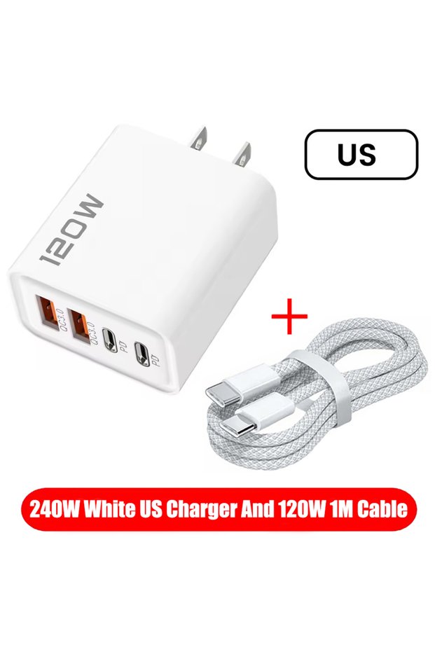 White-US and 1MCable 120W 4 Ports USB Charger Fast Charge Phone Charger Adapter Type C Cable For iPh