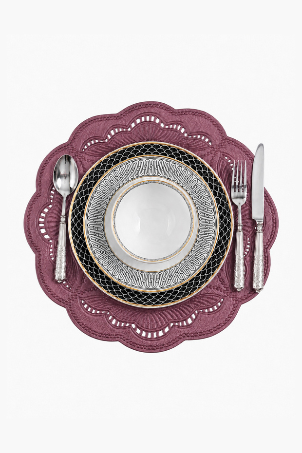 Embroidered Leather American Service Set of 2 Double-Sided Round Plate Enzo 43X43 cm Claret Red