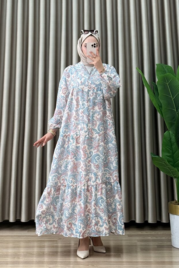 Bella Dress Modal Fabric Women's Blue Collar Openable Buttoned Relaxed Fit Hijab Dress