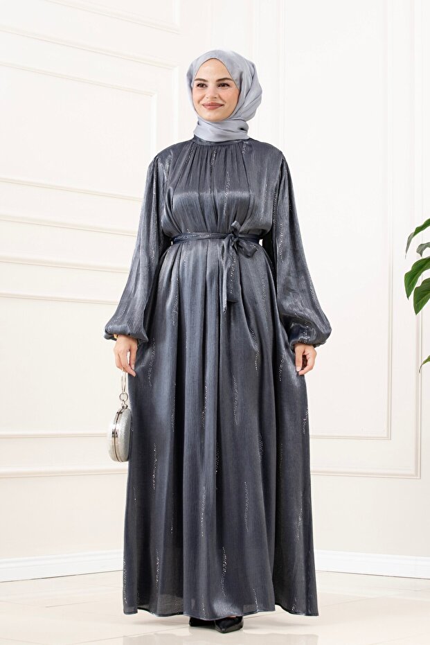 Balloon Sleeve Stoned Water Evening Dress-Anthracite