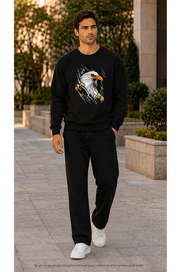 Men's 3D Predator Eagle Printed Tracksuit Set/Round Neck Sweatshirt and Sweatpants 2-Piece Set
