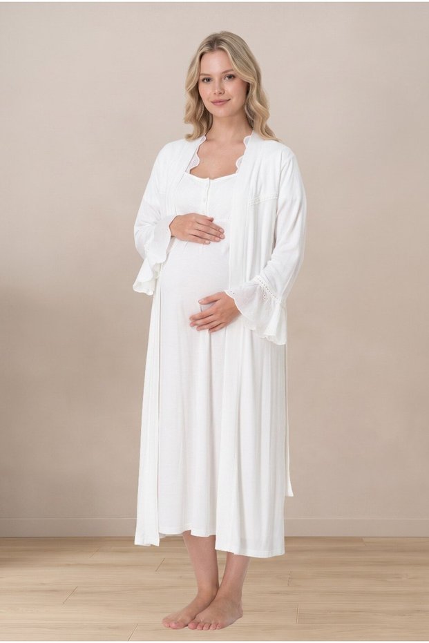Women's Ecru Flounce Sleeve Scallop Lace Maternity Nightgown Set with Robe