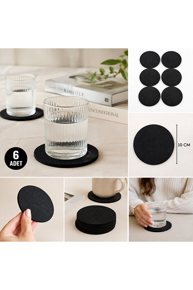 Premium Imported Thick Felt Coasters Black Set of 6