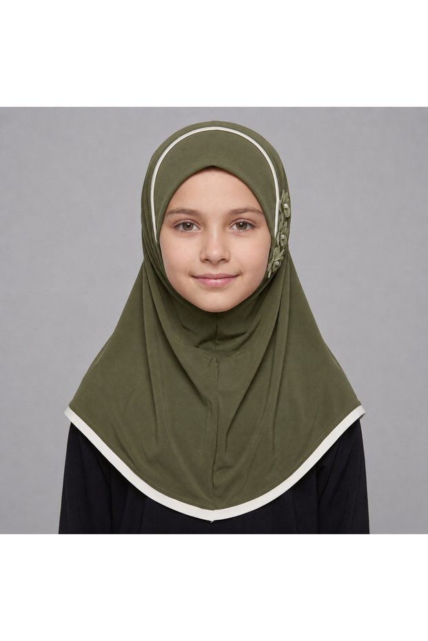 Hijab with Floral Embellishment, Elegant Modest Headscarf for Girls, Classic Cream Islamic Head Covering for Everyday and Special Occasions